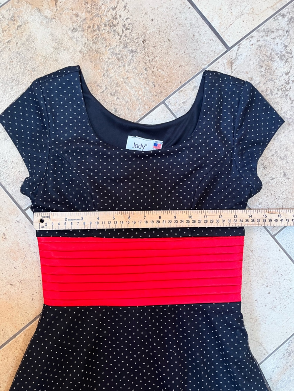 VTG Black Polka Dot Midi Dress with Red Waistband Tafetta - Picture 3 of 7